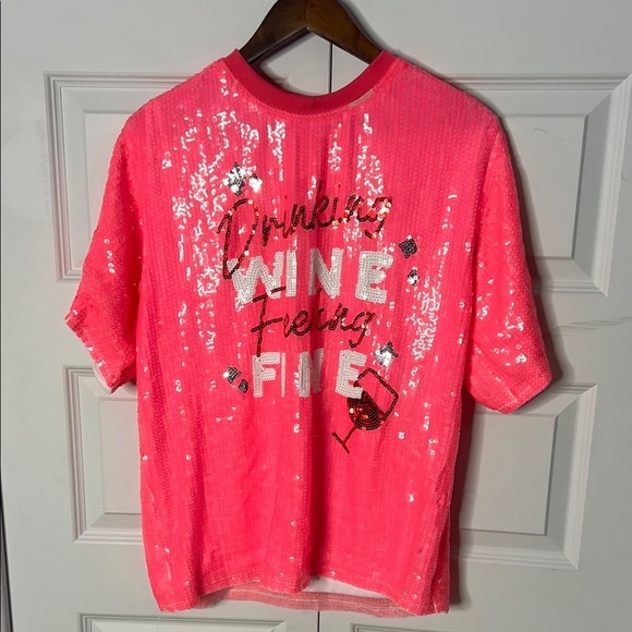 “Drinking Wine and Feeling Fine” Pink Sequin Women's Top - Picture 1 of 7